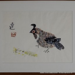 Vintage Asian Ink Brush & Watercolor  Painting On Paper Of A Bird, Signature In The Red Chop Seal, Framed