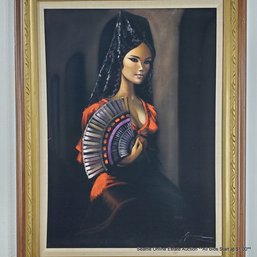 Girard Large Vintage Black Velvet Painting Of A Woman With A Fan, Signed, 43.25' X 33.25' Framed