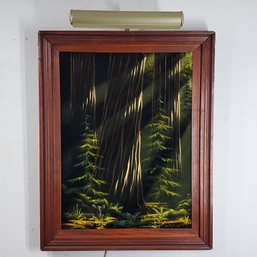 Dan Scritchfield Vintage Velvet Painting Of A PNW Landscape Scene, Signed, Framed With Mounted Working Light