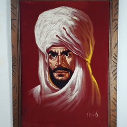 A. Flores Large Vintage Red Velvet Painting Of A Man In Traditional Headwear, Signed, Framed