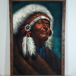 Large Velvet Painting Of A Native American Man In A Traditional Headdress, 39' X 27' Framed