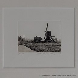 Wim Van Der Meij Original Etching Of A Windmill #92/200, Pencil Signed, 16' X 14' Framed