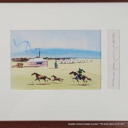 Original Mongolian Watercolor Painting Of A Nomadic Lifestyle Scene With Vertical Script, Framed