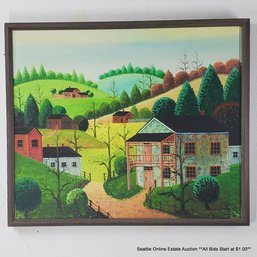 Jonas Bradford (American Folk Artist) Original Oil Painting On Canvas Of A Rural Country Scene, Signed, Framed