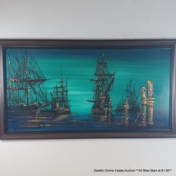 Van Gaard Mid-Century Modern Drip-Line Painting Of A Nautical Scene, 29' X 53' Framed (LOCAL PICK UP ONLY)
