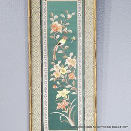 Vintage Asian Silk Hand-Embroidered Panel: Bird, Butterfly & Floral Motif, In A Stylized Bamboo Frame