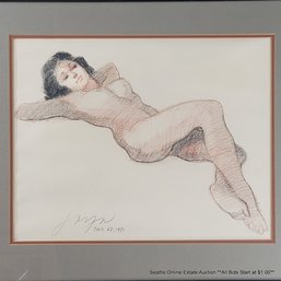 Original Conte Crayon Drawing On Paper Of A Recumbent Female Nude, Signed & Dated July 27, 1981, Framed
