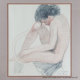 Original Conte Crayon Drawing On Paper Of A Seated Female Nude, Signed & Dated July 27, 1981, Framed