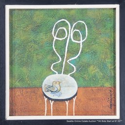 Boy Dizon Original Acrylic Painting On Canvas Depicting A Bird On A Chair, Signed & Dated 1974, Framed