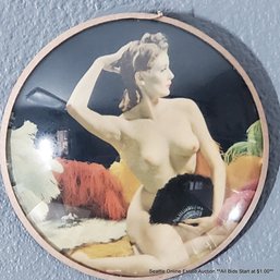 Vintage Boudoir Lithograph Featuring A Nude Woman With A Fan, Enclosed In An Oval  Convex Glass Frame