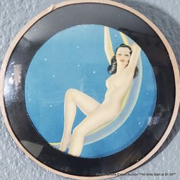 Vintage Boudoir Lithograph Featuring A Nude Woman Seated On The Moon, Enclosed In An Oval  Convex Glass Frame