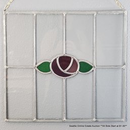 Vintage Leaded Stained Glass Panel With A Central Floral Design