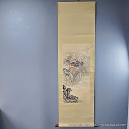 Vintage Chinese Hand-Painted Scroll Depicting Elevated Architecture In A Mountainous Terrain & Textile Border