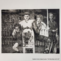 Original Etching On Paper Depicting A Group Of People Gathered In A City Landscape