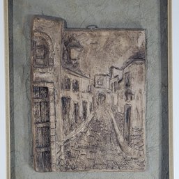 Mid-Century Plaster Relief Wall Sculpture Depicting A City Street Scene, 22' X 18' Framed