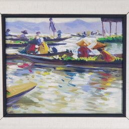 Original Oil Painting Depicting A Floating Market Scene, Signed & Dated, 15' X 17' Framed
