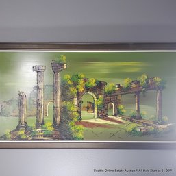 Nichole Mid-Century Modern Drip-Line Painting Of Architectural Ruins, Signed, Framed (LOCAL PICK UP ONLY)