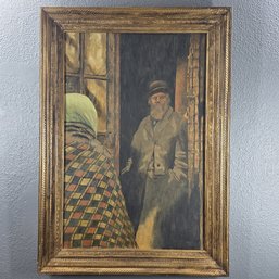 Lance Neal 1968 Signed Oil Painting On Pressed Board Of Man In Doorway In 28' X 20' Wood Frame
