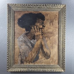 Lance Neal 1968 Signed Mixed Media On Textured Pressed Board Of Woman Laughing In 28.5' X 24.5' Wood Frame