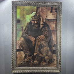Lance Neal 1968 Signed Mixed Media Painting On Masonite Of Man With Dog In Wood Frame