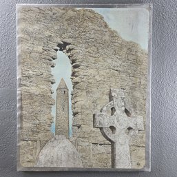 Lance Neal 1975 Signed Oil On Canvas Of Round Tower Through East Window Glendalough, 20' X 16.25' Unframed