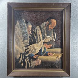 Lance Neal 1968 Signed Oil Painting On Canvas Panel Of Boy Reading The Torah In 28.5" X 24.5" Frame
