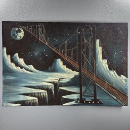 Large Abstract Velvet Painting Of A Bridge In A Celestial Landscape
