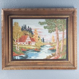 Linda McElroy Handmade Japanese Bunka Embroidery Of A Country Landscape, Signed & Dated 11/12/82, Framed