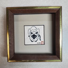 K. Oka Original Mid-Century Japanese Ink Wash Painting Of A Siamese Cat, Signed, 6" X 6" Framed