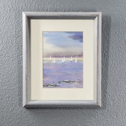 Mary E. Oliver Original Watercolor Painting On Paper Of Sailboats, Framed, Handwritten Artist Label On Verso