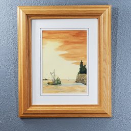 Mary E. Oliver Original Watercolor Painting On Paper Of A Coastal Harbor Scene, Signed, 17.75' X 14.75' Framed