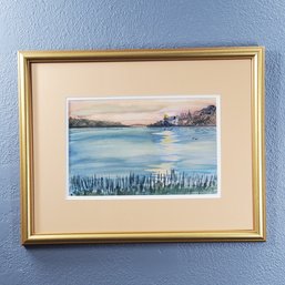 Mary E. Oliver Original Watercolor Painting On Paper Of A Coastal Landscape, Signed, 15.50' X 19.50' Framed