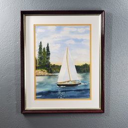 Mary E. Oliver Original Watercolor Painting On Paper Of A Sailboat, Signed, 21.50' X 17.50' Framed