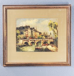 Denis Original Oil Painting On Board Of Le Pont Marie Over The Seine River, Signed, Framed