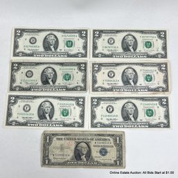 Ungraded Series 1957 B $1 Silver Certificate Blue Seal And 6 Ungraded $2 1976-2003 U.S. Bank Notes