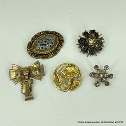 5 Vintage Costume Jewelry Brooch Pins, 1 Signed