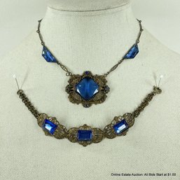 Vintage Art Deco Style Necklace And Bracelet With Blue Glass Stones
