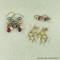 3 Pairs Of Earrings Including 2 Pearl With 14K Gold Sets 9 Grams Total Weight