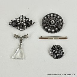 5 Vintage Silver Brooch Pins, 2 Marked Sterling Silver 6 Grams Total Weight