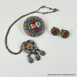 Unique Enameled Vintage Jewelry Set With Necklace Brooch, And Clip On Earrings