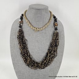 Glass Bead And Stone Multi Strand Necklace With Bead Closure And Golden Metal Bead Necklace
