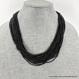 Vintage Black Glass Beaded Multi-Strand Necklace, Likely Handmade