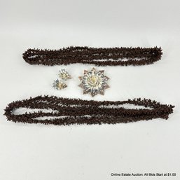 Ipil-Ipil Seed Necklace Leis And Shell Rose Brooch Pin And Clip-On Earrings