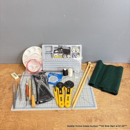 Lot Of Crafting Supplies Including The Bead Smith Travelers Kit, Knitting Needles, Paint Tray, More