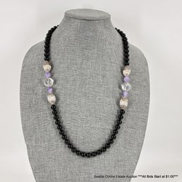 Black Tourmaline With Amethyst And Clear Glass Beaded Necklace