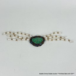 Silver Marked Chinese Pendant With Jadeite On Pearl Necklace Remnant 20 Grams Total Weight
