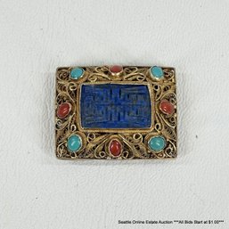 Silver Marked Chinese Pendant With Lapis Lazuli, Turquoise, And Red Coral Stones 10 Grams Total Weight