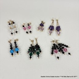 7 Pairs Of Beaded Earrings On 14K Gold Backs With Amethyst, Turquoise, And Black Tourmaline Stones