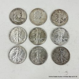 7 Walking Liberty Half Dollars And 2 Franklin Half Dollars, Ungraded And Circulated