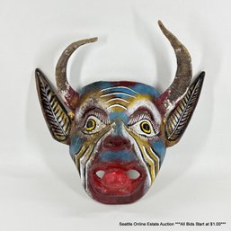 Vintage Mexican Carved And Painted Folk Art Devil Mask With Real Horns